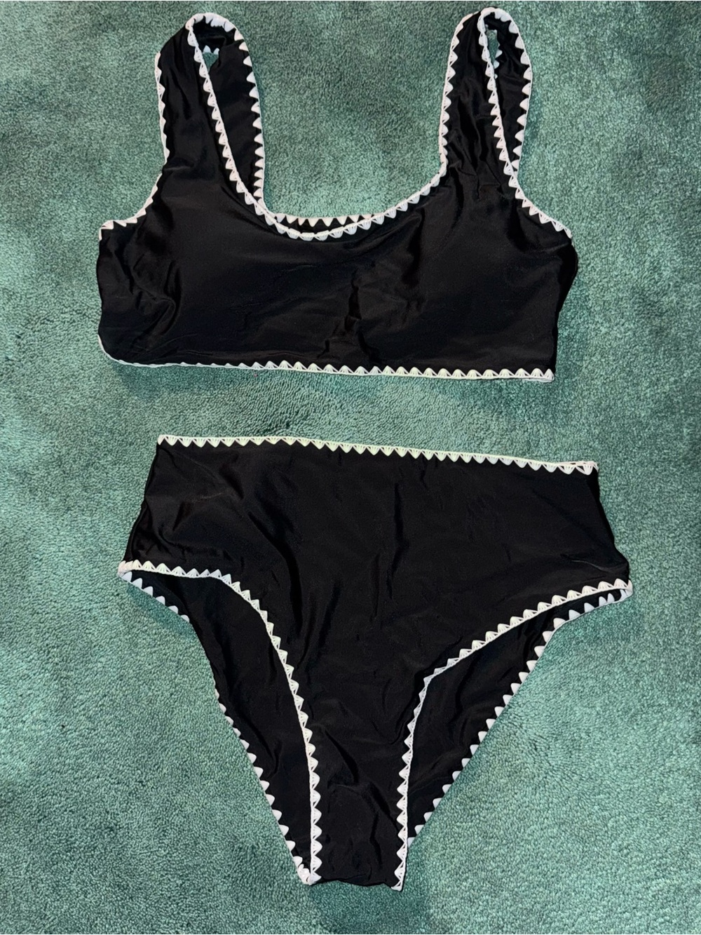 NEW SHEIN Black Bikini Set with White Scallop Trim